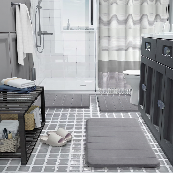 Set 3 Covorase de baie VarioShop®, Antiderapante, Spuma cu memorie, Microfibra, pentru WC, Chiuveta si Cada/dus, 80x50 & 60x50 & 60x40cm, Gri Deschis [28]