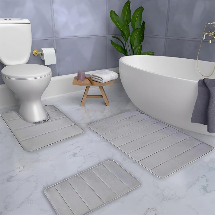 Set 3 Covorase de baie VarioShop®, Antiderapante, Spuma cu memorie, Microfibra, pentru WC, Chiuveta si Cada/dus, 80x50 & 60x50 & 60x40cm, Gri Deschis [61]