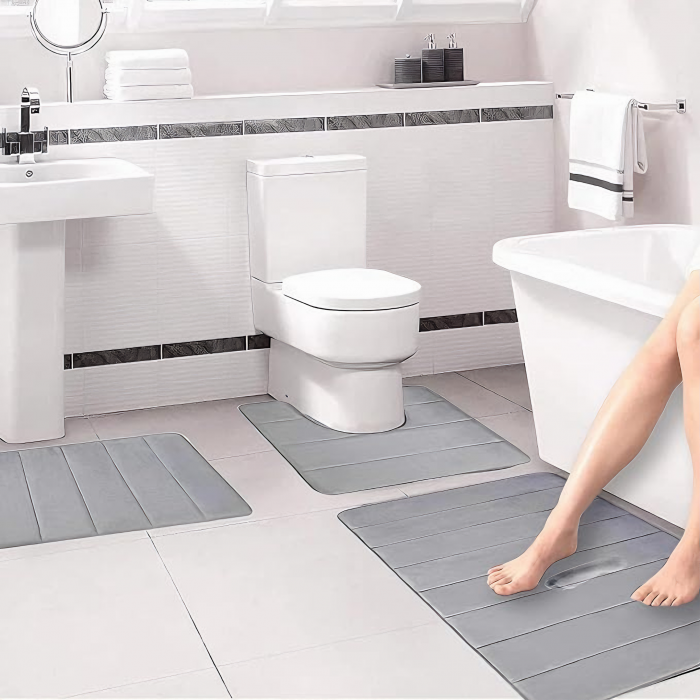 Set 3 Covorase de baie VarioShop®, Antiderapante, Spuma cu memorie, Microfibra, pentru WC, Chiuveta si Cada/dus, 80x50 & 60x50 & 60x40cm, Gri Deschis [44]