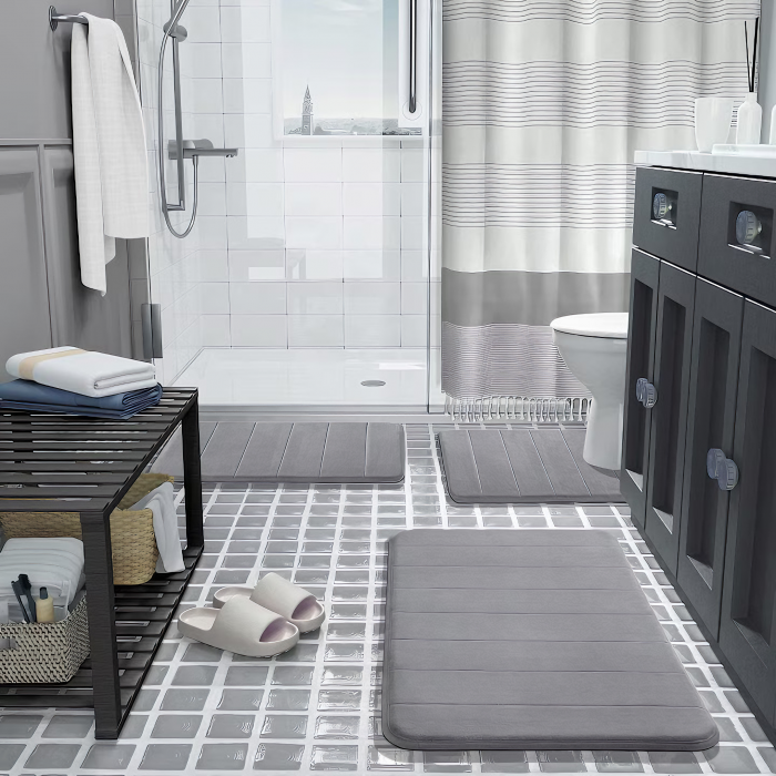 Set 3 Covorase de baie VarioShop®, Antiderapante, Spuma cu memorie, Microfibra, pentru WC, Chiuveta si Cada/dus, 80x50 & 60x50 & 60x40cm, Gri Deschis [46]