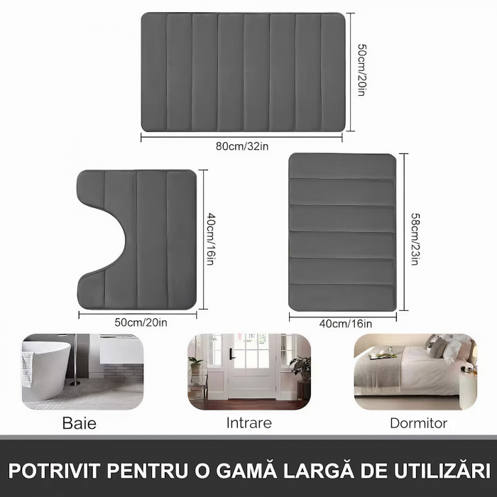 Set 3 Covorase de baie VarioShop®, Antiderapante, Spuma cu memorie, Microfibra, pentru WC, Chiuveta si Cada/dus, 80x50 & 60x50 & 60x40cm, Gri Deschis [69]