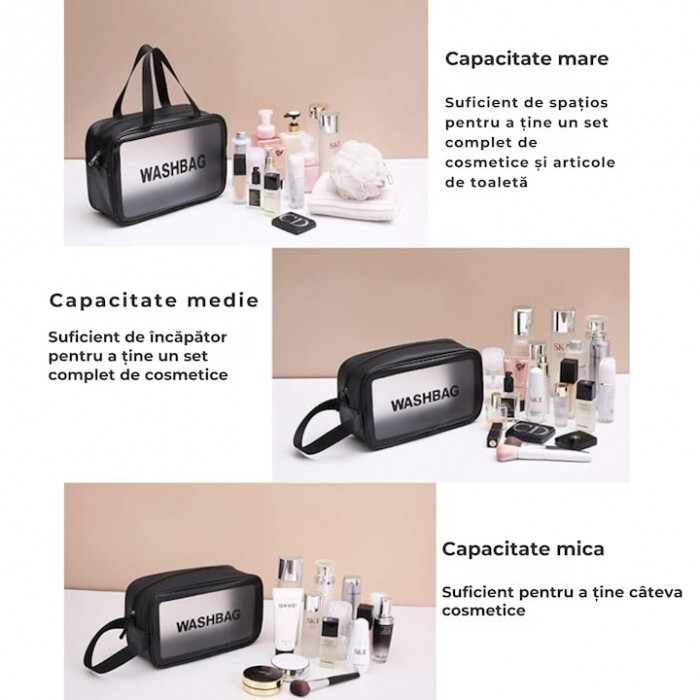 Set 3 genti cosmetice pentru calatorii VarioShop®, rezistente la apa, marimi diferite, suprafata mata translucida, negru [2]