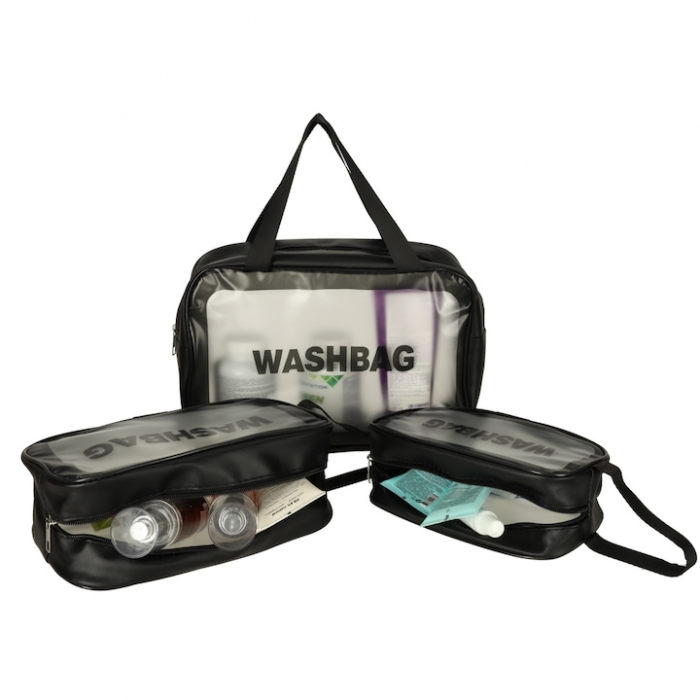 Set 3 genti cosmetice pentru calatorii VarioShop®, rezistente la apa, marimi diferite, suprafata mata translucida, negru [7]