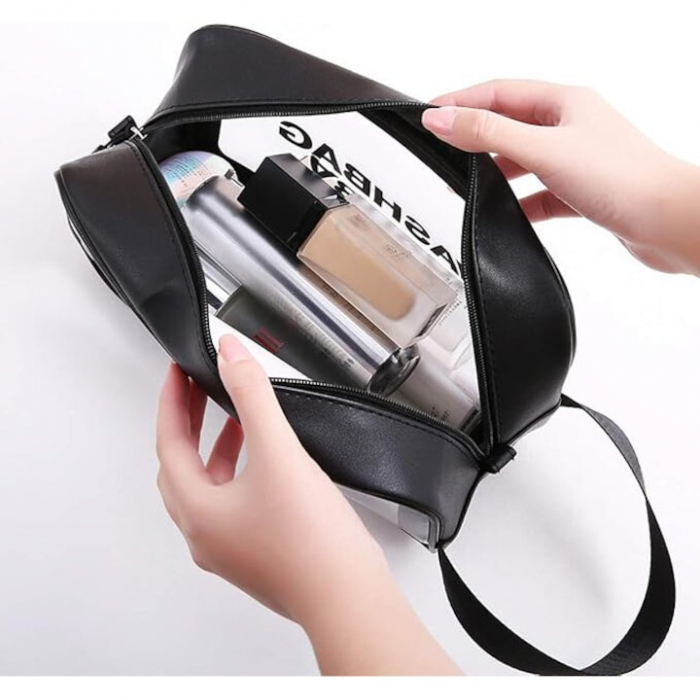Set 3 genti cosmetice pentru calatorii VarioShop®, rezistente la apa, marimi diferite, suprafata mata translucida, negru [5]