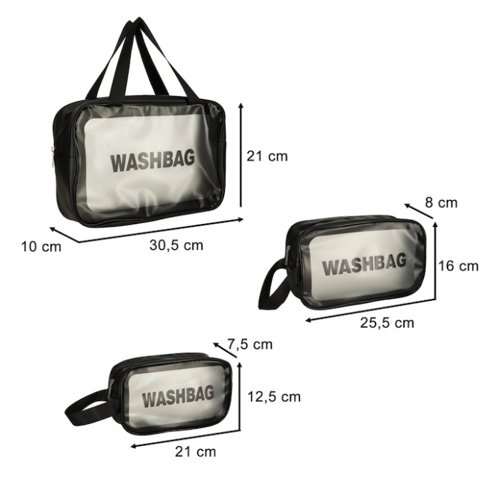 Set 3 genti cosmetice pentru calatorii VarioShop®, rezistente la apa, marimi diferite, suprafata mata translucida, negru [3]