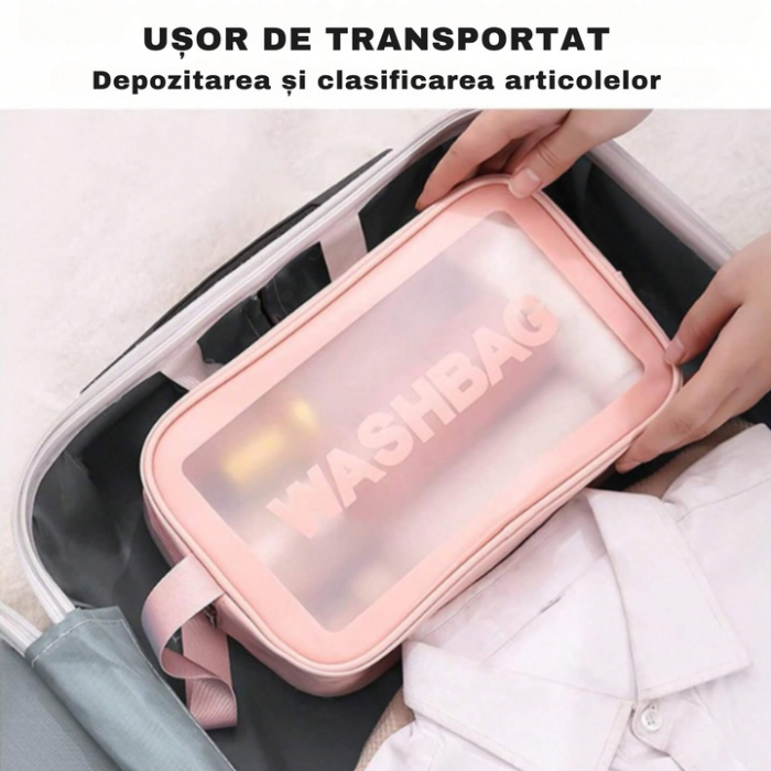 Set 3 genti cosmetice VarioShop®, ideale pentru calatorii, impermeabile, portabile, cu fermoar si maner, design elegant, dimensiuni diferite, Roz [7]