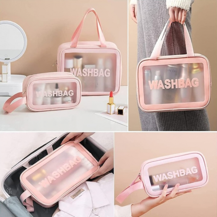 Set 3 genti cosmetice VarioShop®, ideale pentru calatorii, impermeabile, portabile, cu fermoar si maner, design elegant, dimensiuni diferite, Roz [9]
