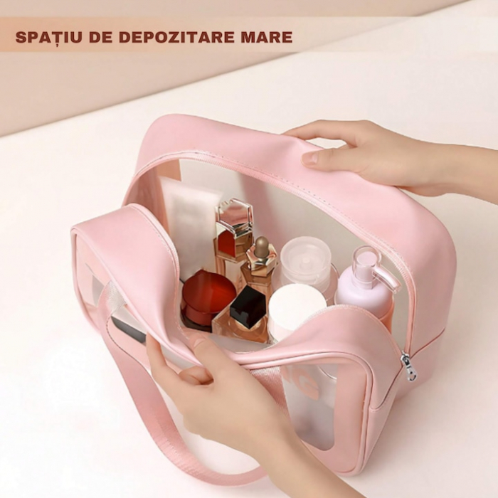 Set 3 genti cosmetice VarioShop®, ideale pentru calatorii, impermeabile, portabile, cu fermoar si maner, design elegant, dimensiuni diferite, Roz [3]