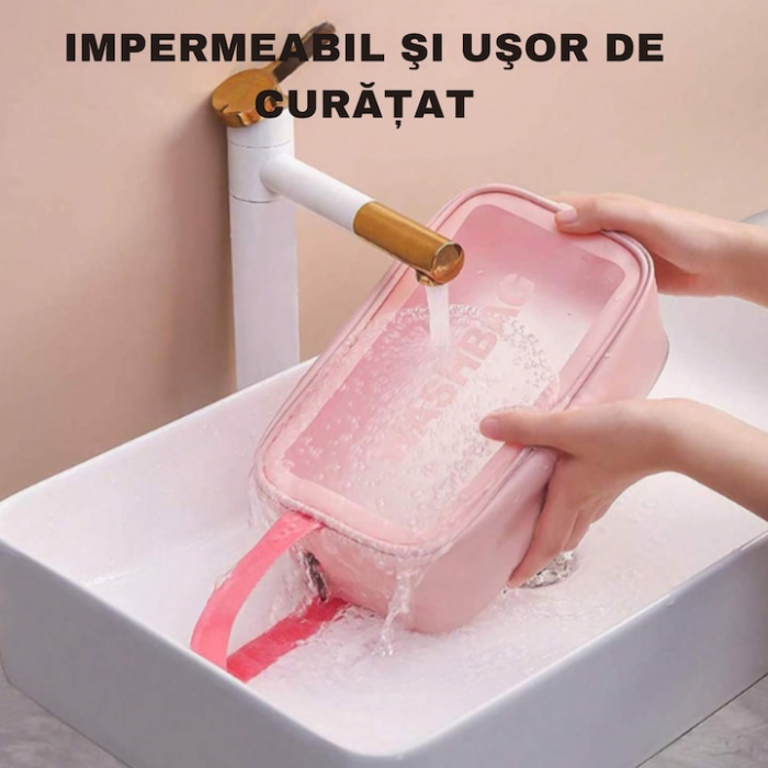 Set 3 genti cosmetice VarioShop®, ideale pentru calatorii, impermeabile, portabile, cu fermoar si maner, design elegant, dimensiuni diferite, Roz [8]