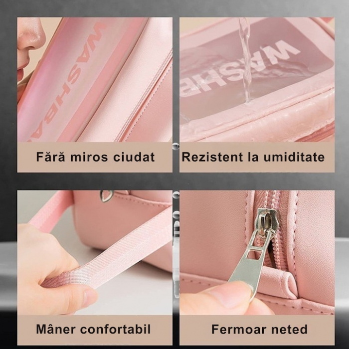 Set 3 genti cosmetice VarioShop®, ideale pentru calatorii, impermeabile, portabile, cu fermoar si maner, design elegant, dimensiuni diferite, Roz [5]