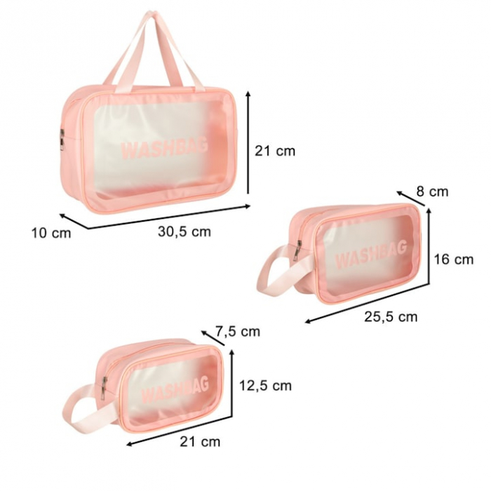 Set 3 genti cosmetice VarioShop®, ideale pentru calatorii, impermeabile, portabile, cu fermoar si maner, design elegant, dimensiuni diferite, Roz [12]