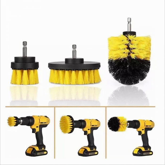 Set 3 perii curatare VarioShop®, cu adaptor pentru bormasina/autofiletanta, din fibre de nailon, Galben [24]