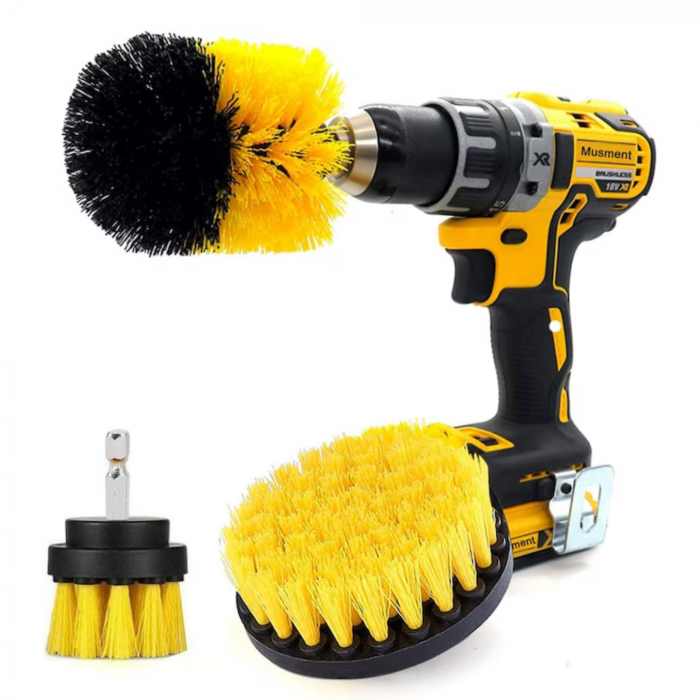 Set 3 perii curatare VarioShop®, cu adaptor pentru bormasina/autofiletanta, din fibre de nailon, Galben [80]