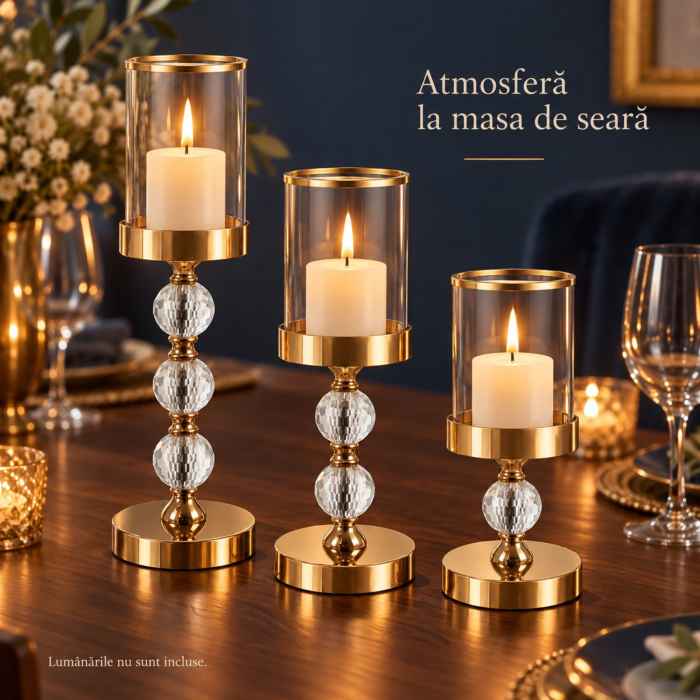 Set 3 sfesnice decorative VarioShop®, din sticla si fier, cu insertii de oglinda, pentru decor interior, auriu/transparent [5]