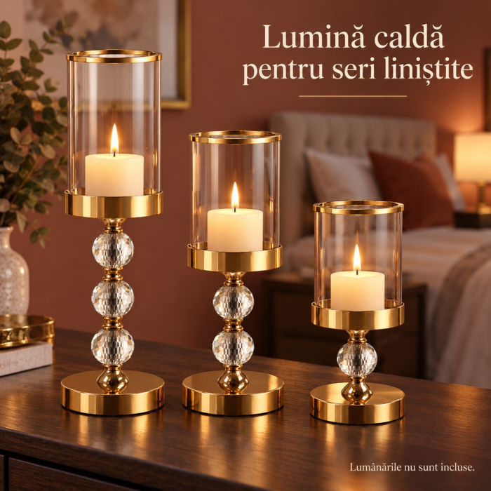 Set 3 sfesnice decorative VarioShop®, din sticla si fier, cu insertii de oglinda, pentru decor interior, auriu/transparent [4]