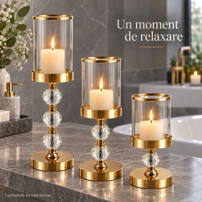 Set 3 sfesnice decorative VarioShop®, din sticla si fier, cu insertii de oglinda, pentru decor interior, auriu/transparent [3]