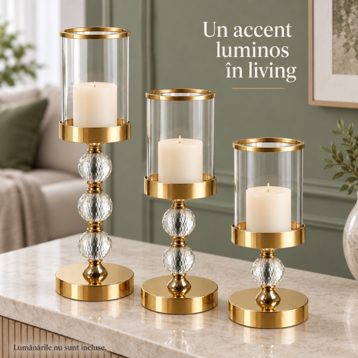 Set 3 sfesnice decorative VarioShop®, din sticla si fier, cu insertii de oglinda, pentru decor interior, auriu/transparent [2]