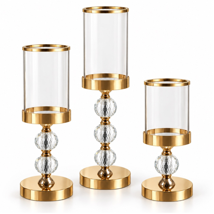 Set 3 sfesnice decorative VarioShop®, din sticla si fier, cu insertii de oglinda, pentru decor interior, auriu/transparent [9]