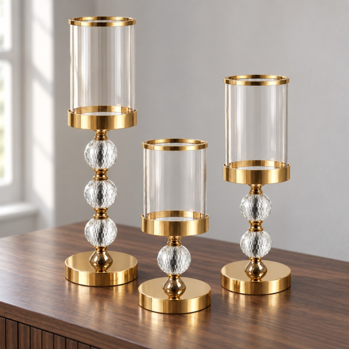 Set 3 sfesnice decorative VarioShop®, din sticla si fier, cu insertii de oglinda, pentru decor interior, auriu/transparent [6]