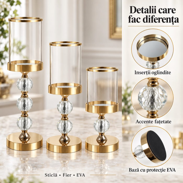 Set 3 sfesnice decorative VarioShop®, din sticla si fier, cu insertii de oglinda, pentru decor interior, auriu/transparent [8]