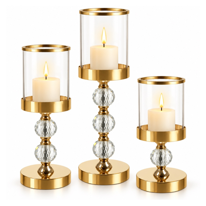 Set 3 sfesnice decorative VarioShop®, din sticla si fier, cu insertii de oglinda, pentru decor interior, auriu/transparent [1]