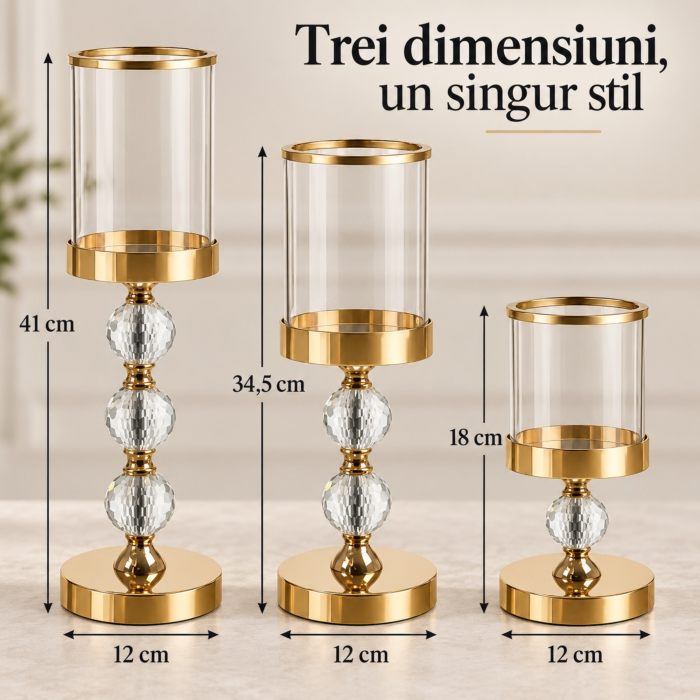 Set 3 sfesnice decorative VarioShop®, din sticla si fier, cu insertii de oglinda, pentru decor interior, auriu/transparent [7]
