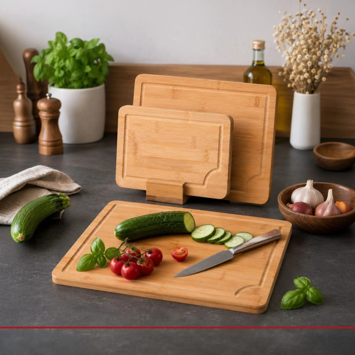 Set 3 tocatoare din bambus VarioShop® sau platouri de servire, pentru carne, legume si fructe, cu manere laterale, suport de depozitare, caneluri si utilizare fata-verso, maro [6]