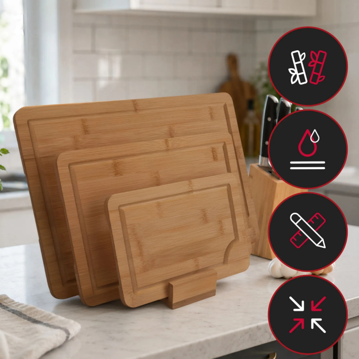 Set 3 tocatoare din bambus VarioShop® sau platouri de servire, pentru carne, legume si fructe, cu manere laterale, suport de depozitare, caneluri si utilizare fata-verso, maro [8]
