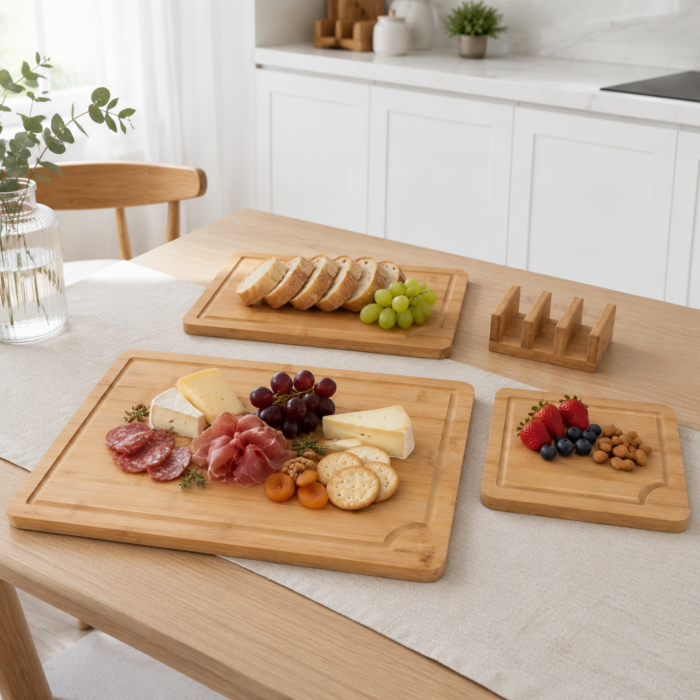 Set 3 tocatoare din bambus VarioShop® sau platouri de servire, pentru carne, legume si fructe, cu manere laterale, suport de depozitare, caneluri si utilizare fata-verso, maro [2]