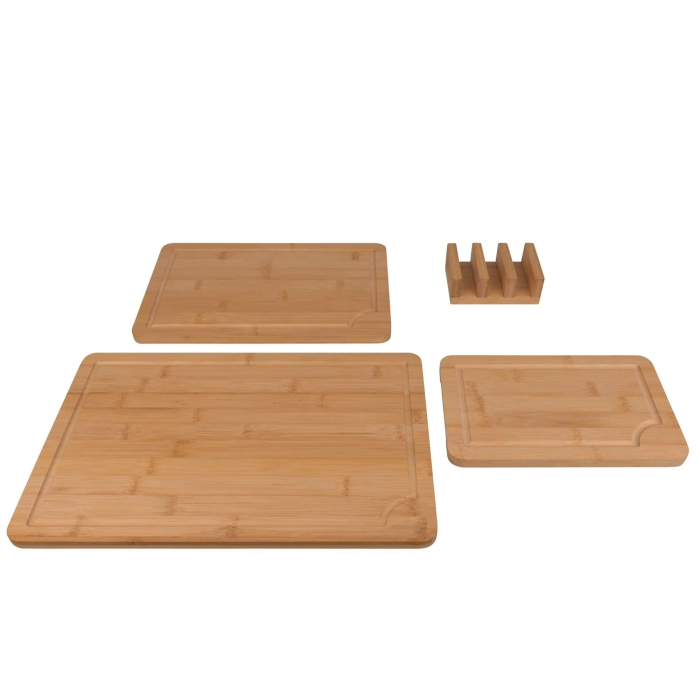 Set 3 tocatoare din bambus VarioShop® sau platouri de servire, pentru carne, legume si fructe, cu manere laterale, suport de depozitare, caneluri si utilizare fata-verso, maro [9]