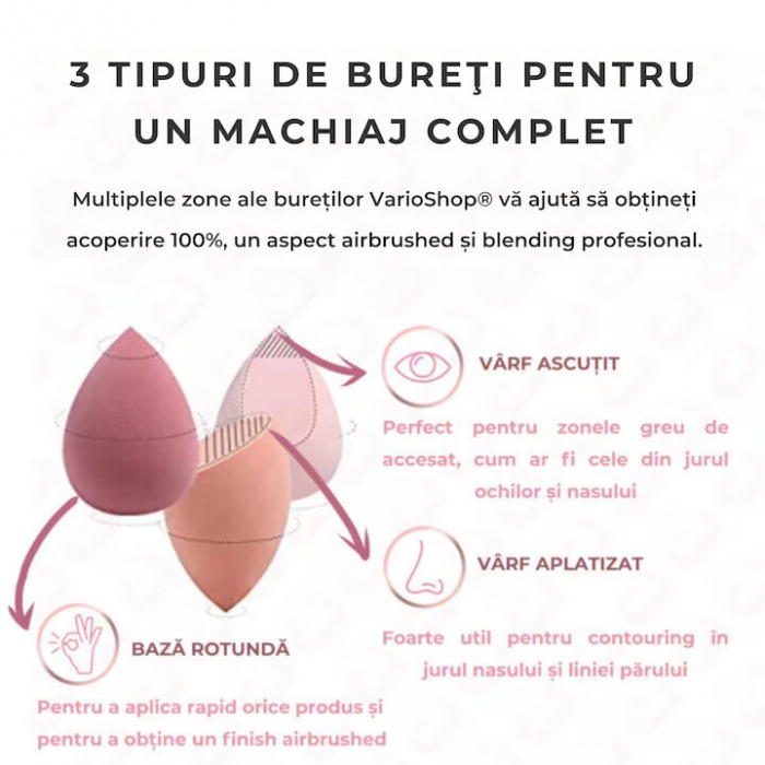 Set 4 bureti machiaj VarioShop®, Cutie pentru transport si depozitare tip cofrag, Din microfibra, fara latex, non-abrazivi, Pentru aplicarea machiajului tip fondului de ten, Utilizare umeda si uscata, [13]
