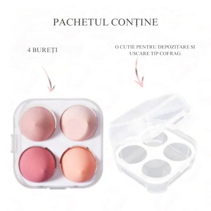 Set 4 bureti machiaj VarioShop®, Cutie pentru transport si depozitare tip cofrag, Din microfibra, fara latex, non-abrazivi, Pentru aplicarea machiajului tip fondului de ten, Utilizare umeda si uscata, [4]