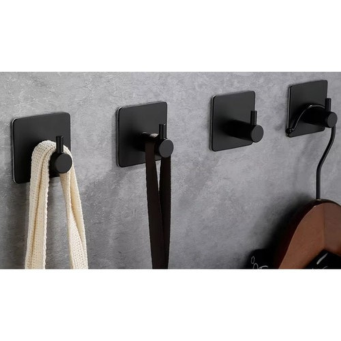 Set 4 carlige pentru prosoape VarioShop®, din metal, stil loft, montaj fara gaurire cu banda adeziva rezistenta la umiditate, suport prosoape baie 3 kg, otel inoxidabil, 4.5x4.5 cm, Negru [6]