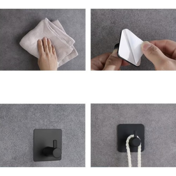 Set 4 carlige pentru prosoape VarioShop®, din metal, stil loft, montaj fara gaurire cu banda adeziva rezistenta la umiditate, suport prosoape baie 3 kg, otel inoxidabil, 4.5x4.5 cm, Negru [2]