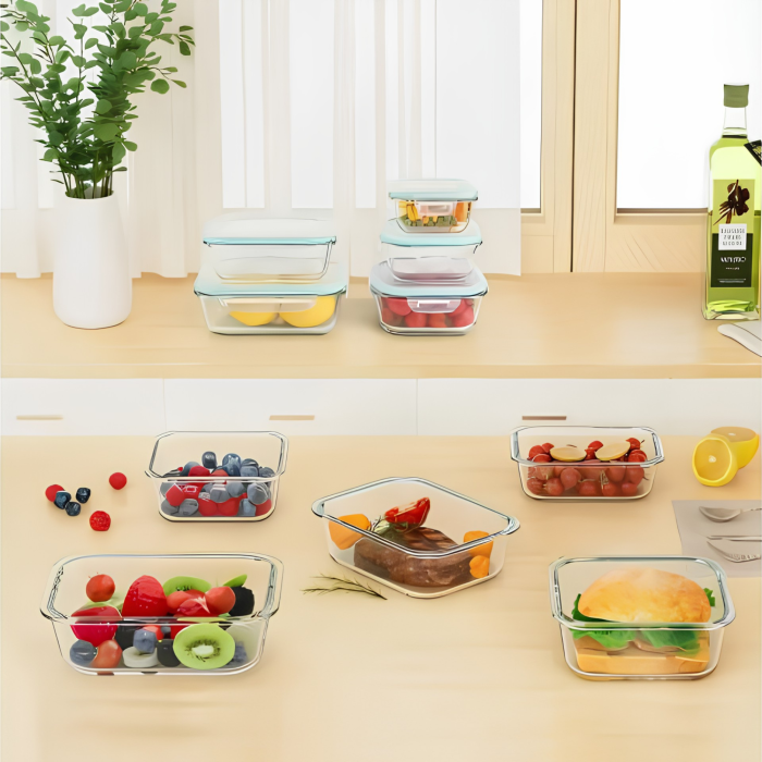 Set 4 caserole din sticla VarioShop®, cu capace etanse, rezistente la caldura, pentru frigider, congelator si cuptor, 370/640/1000/1500 ml, transparente [7]