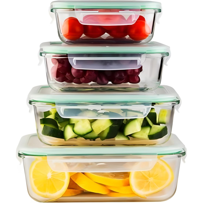Set 4 caserole din sticla VarioShop®, cu capace etanse, rezistente la caldura, pentru frigider, congelator si cuptor, 370/640/1000/1500 ml, transparente [9]