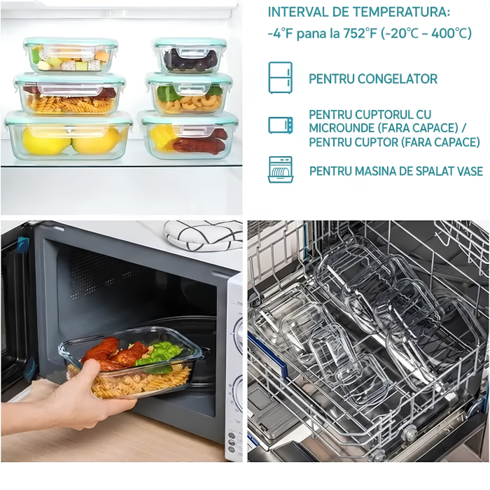Set 4 caserole din sticla VarioShop®, cu capace etanse, rezistente la caldura, pentru frigider, congelator si cuptor, 370/640/1000/1500 ml, transparente [4]