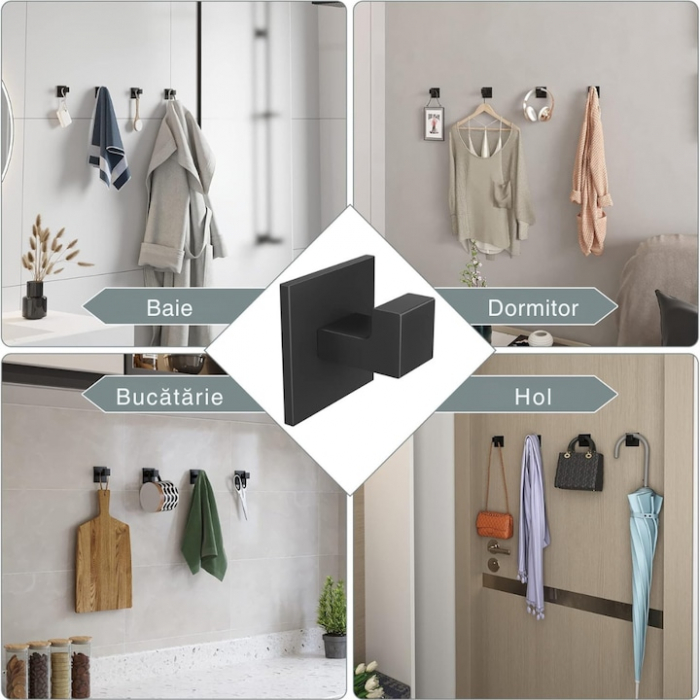 Set 4 cuiere autoadezive VarioShop®, utilizare universala, montare rapida, rezistenta 5 kg, 55 x 55 mm, aluminiu, Negru [3]