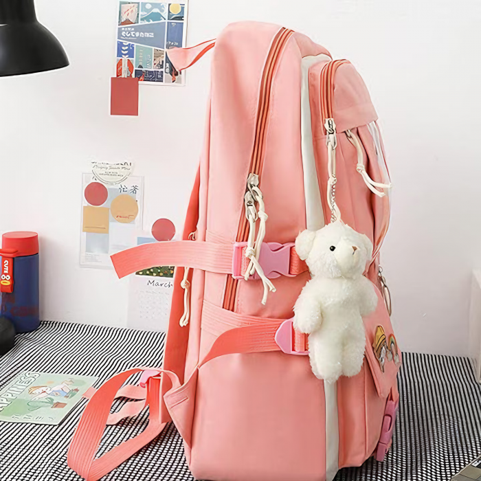 Set 4 in 1 pentru scoala VarioShop®, ghiozdan, penar, sacosa cu manere, geanta cosmetice, 2 brelocuri incluse model vacuta si ursulet, lacatu cu cifru, rezistent la apa, Roz, 41x 28 x 14 cm [22]