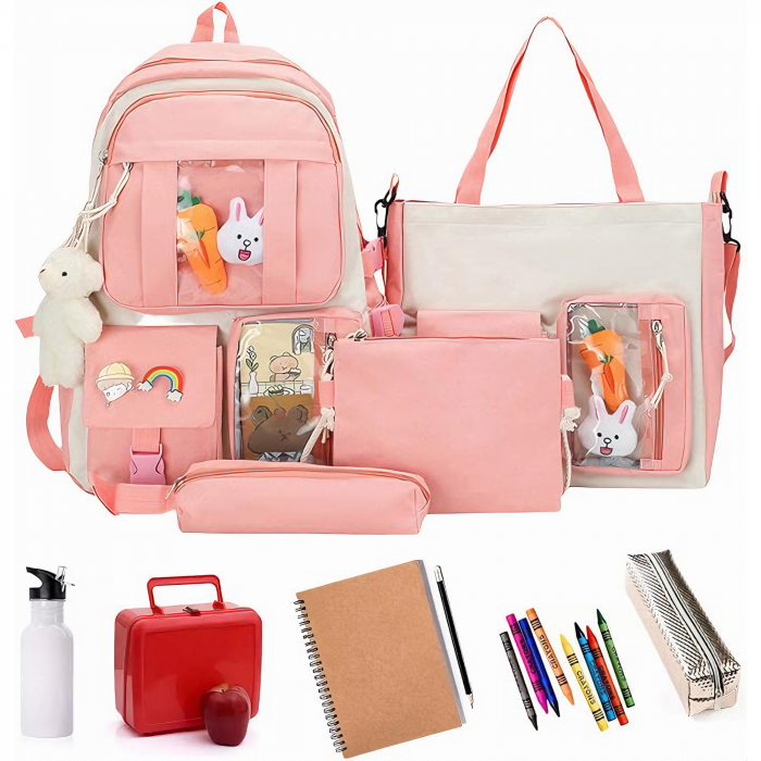 Set 4 in 1 pentru scoala VarioShop®, ghiozdan, penar, sacosa cu manere, geanta cosmetice, 2 brelocuri incluse model vacuta si ursulet, lacatu cu cifru, rezistent la apa, Roz, 41x 28 x 14 cm [30]