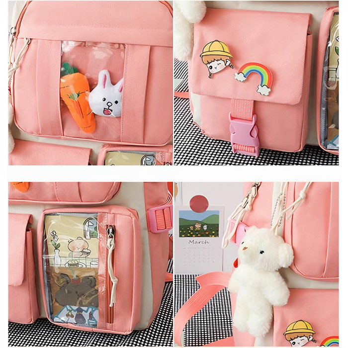 Set 4 in 1 pentru scoala VarioShop®, ghiozdan, penar, sacosa cu manere, geanta cosmetice, 2 brelocuri incluse model vacuta si ursulet, lacatu cu cifru, rezistent la apa, Roz, 41x 28 x 14 cm [3]