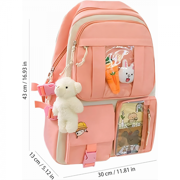 Set 4 in 1 pentru scoala VarioShop®, ghiozdan, penar, sacosa cu manere, geanta cosmetice, 2 brelocuri incluse model vacuta si ursulet, lacatu cu cifru, rezistent la apa, Roz, 41x 28 x 14 cm [19]