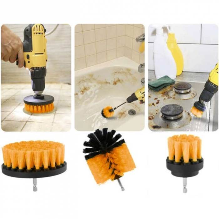 Set 4 perii de Curatare VarioShop® pentru Bormasina, Ideal pentru covoare, anvelope auto, Diferite dimensiuni, Culoare portocaliu [3]