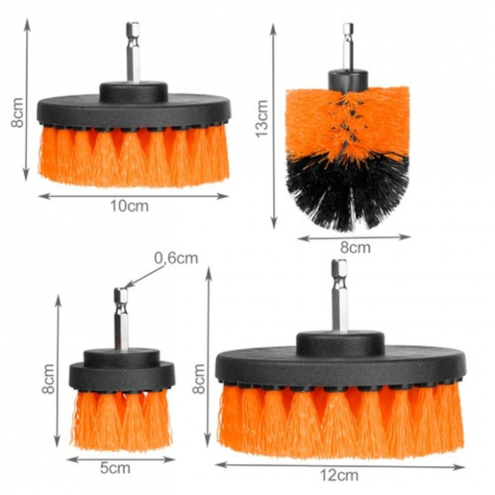 Set 4 perii de Curatare VarioShop® pentru Bormasina, Ideal pentru covoare, anvelope auto, Diferite dimensiuni, Culoare portocaliu [10]
