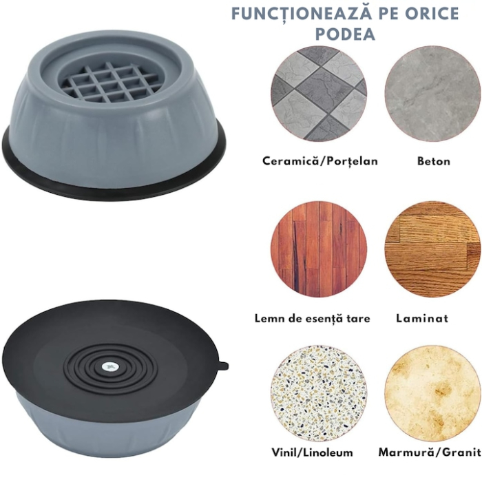 Set 4 picioruse antivibratii universale VarioShop®, zgomotul si protejeaza podeaua, pentru masini de spalat, uscatoare sau frigidere, Gri [6]