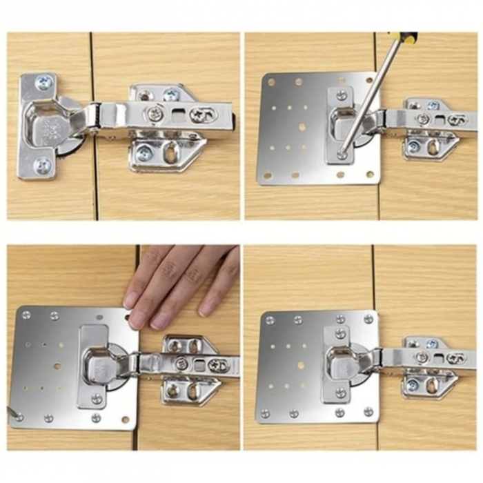 Set 4 Placi de Fixare pentru Repararea Balamalelor VarioShop®, Utilizare Universala, Usor de Montat, 24 Suruburi Incluse, Otel Inoxidabil, 9 x 9 cm, Argintiu [11]