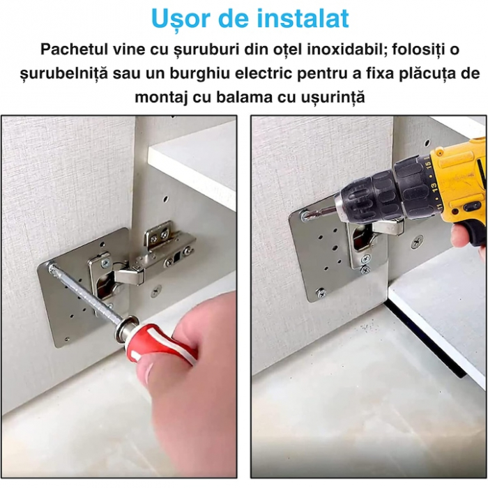 Set 4 Placi de Fixare pentru Repararea Balamalelor VarioShop®, Utilizare Universala, Usor de Montat, 24 Suruburi Incluse, Otel Inoxidabil, 9 x 9 cm, Argintiu [3]