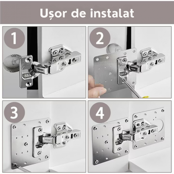 Set 4 Placi de Fixare pentru Repararea Balamalelor VarioShop®, Utilizare Universala, Usor de Montat, 24 Suruburi Incluse, Otel Inoxidabil, 9 x 9 cm, Argintiu [8]