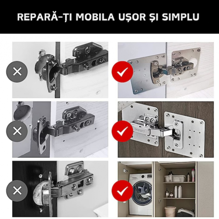 Set 4 Placi de Fixare pentru Repararea Balamalelor VarioShop®, Utilizare Universala, Usor de Montat, 24 Suruburi Incluse, Otel Inoxidabil, 9 x 9 cm, Argintiu [9]