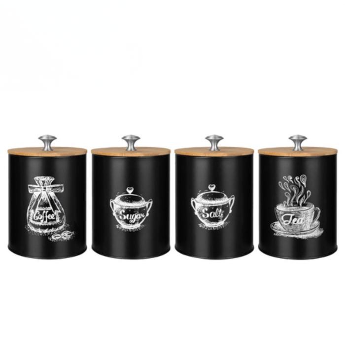 Set 4 recipiente alimentare VarioShop®, capacitate 1.5 L, otel/bambus, pentru cafea, ceai, zahar, sare, design modern, negru [10]